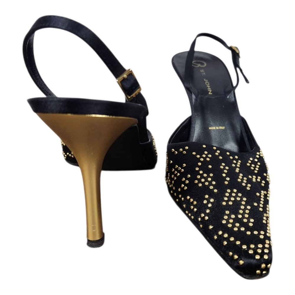 ST. JOHN Black and Gold Stud Slingback Heels (9) - Picture 3 of 7